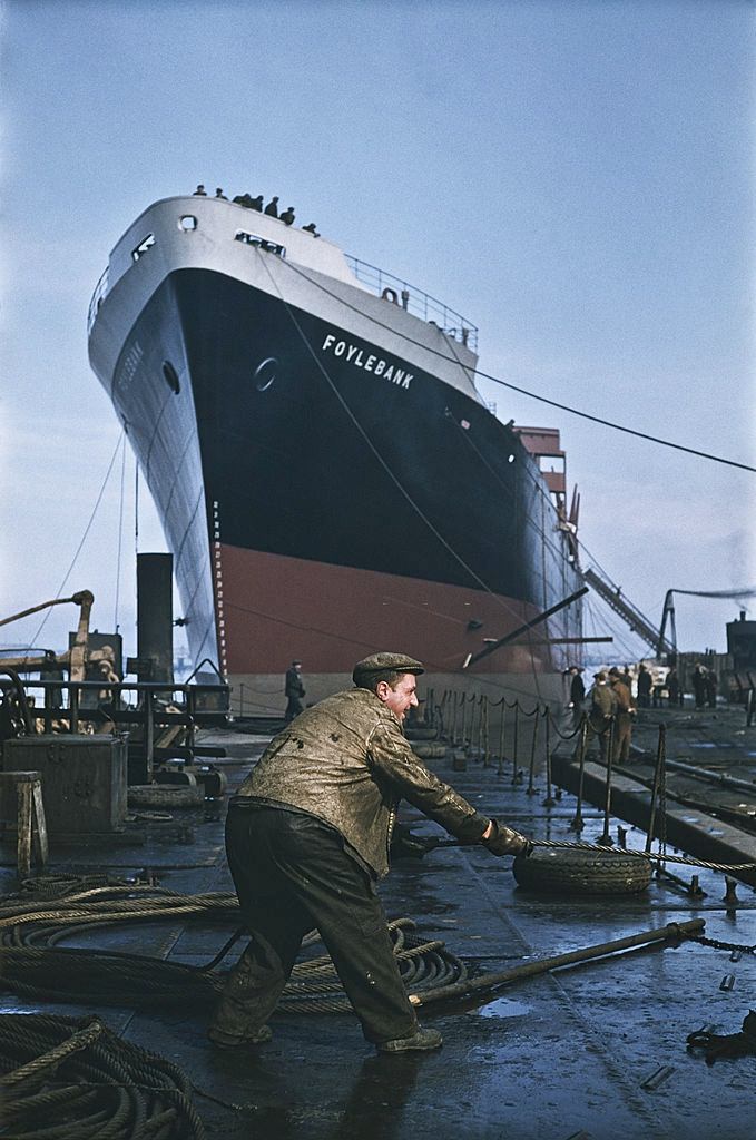 The cargo ship Foylebank under construction at the Harland & Wolff shipyard in Belfast, 1955.