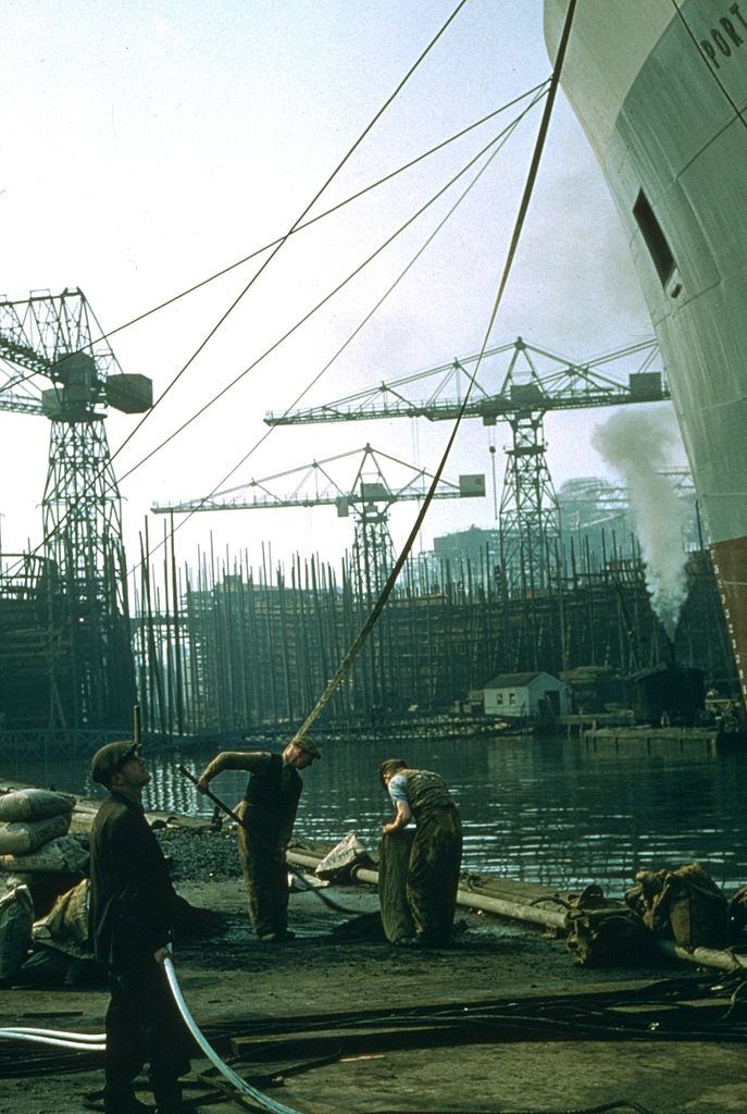 Workers at a Belfast shipyard, 1955.