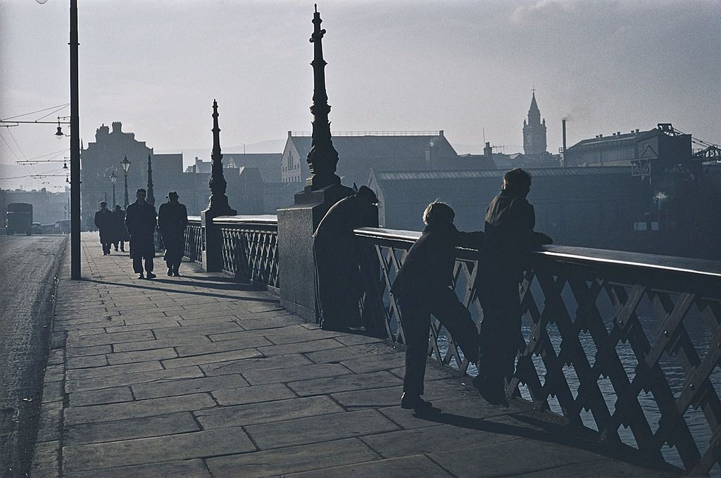 Men and boys on a bridge in Belfast, 1955.