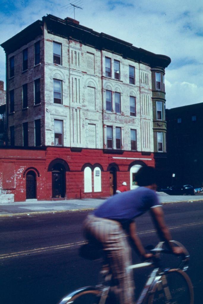 Bicyclist on Vanderbilt Avenue, Brooklyn, 1974.