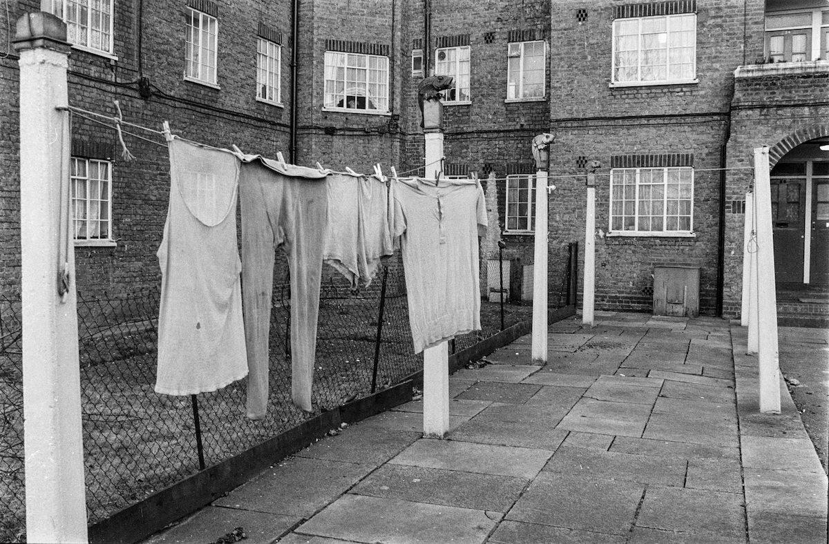 Finials, Washing posts, St Mary’s House, Drummond Crescent, Somers Town, Camden, 1987