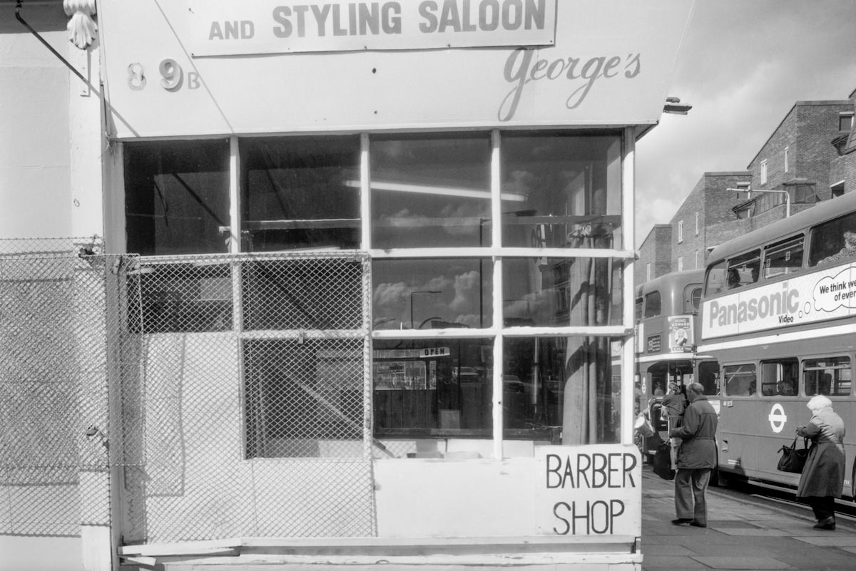 George’s Barber Shop, Hampstead Rd, Camden, 1986