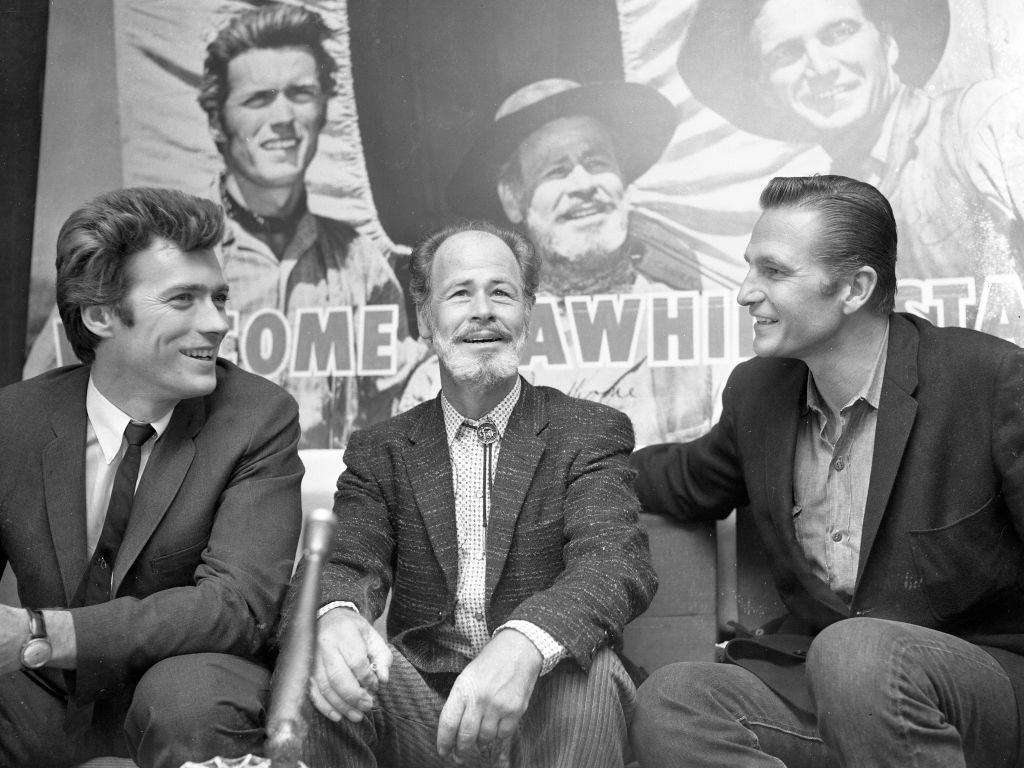 Clint Eastwood, Paul Brinegar and Eric Fleming attend the Rawhide press conference on February 22, 1962.