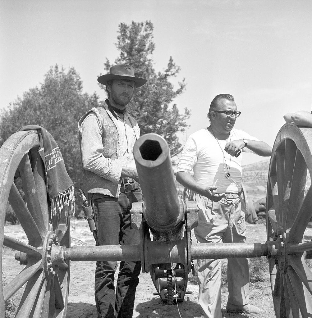 Clint Eastwood and Sergio Leone on the film set of 'The Good, the Bad and the Ugly', 1966.