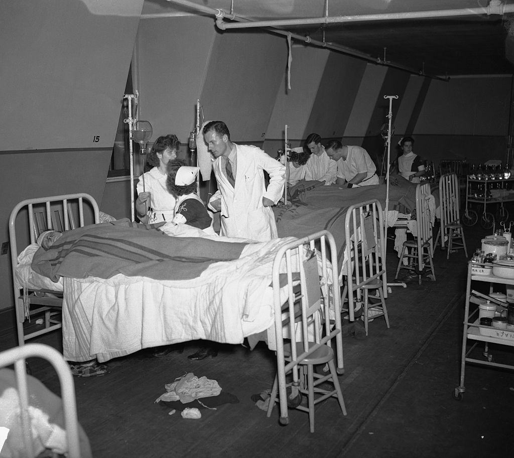Wards and rooms of Boston Hospital were filled to capacity with victims of the Cocoanut Grove Night Club fire.