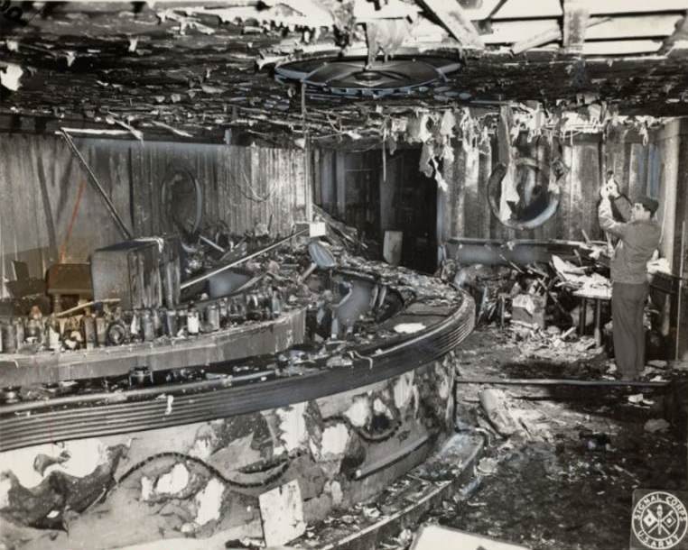 The destroyed interior of the club after the fire.