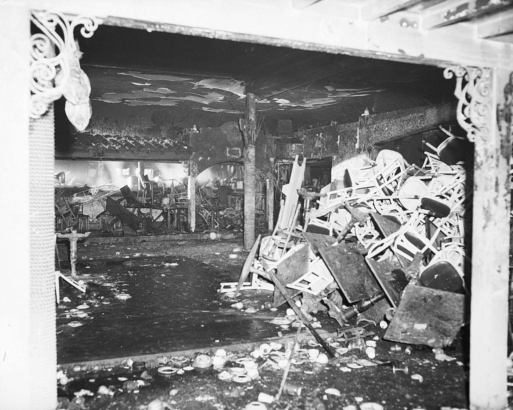 A view of the fire-ruined interior of the Cocoanut Grove nightclub after the bodies of the victims were removed.