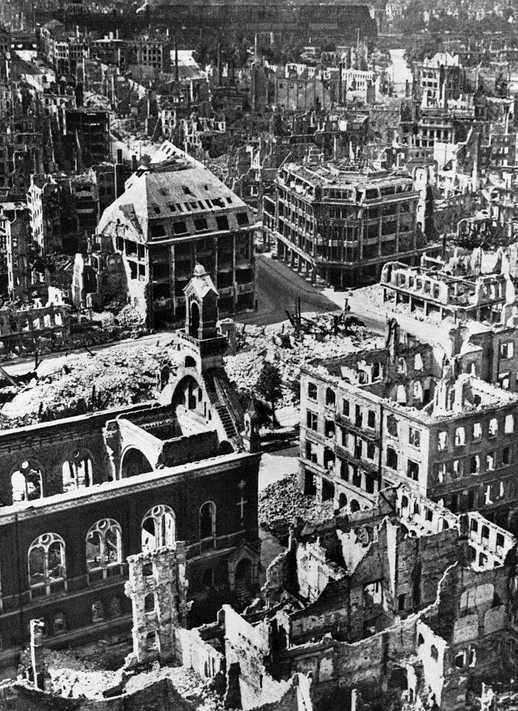 The ruins of buildings in the city of Dresden after firebombing raids, 1945.
