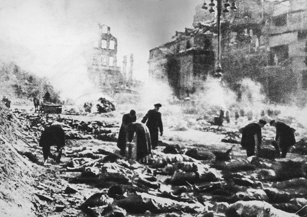Bodies in the street after the allied fire bombing of Dresden, 1945.
