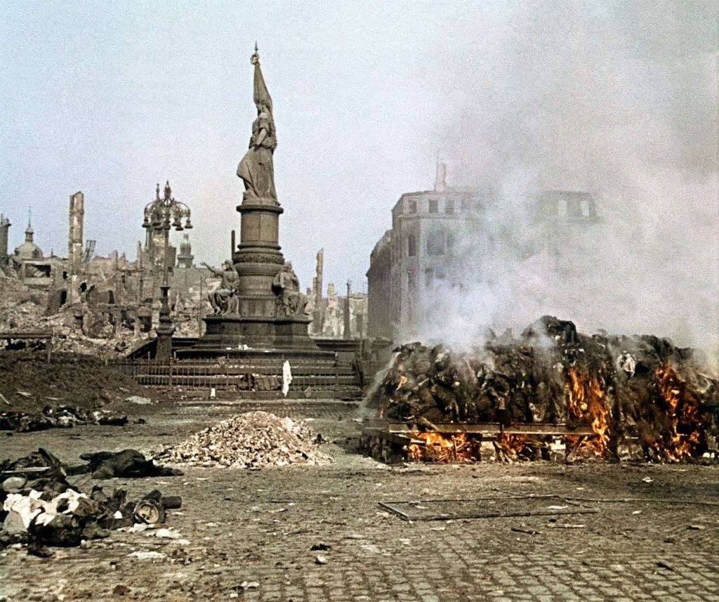 Bodies are burned at the Altmarkt near the Victory Monument (Germaniadenkmal). 25th February 1945.