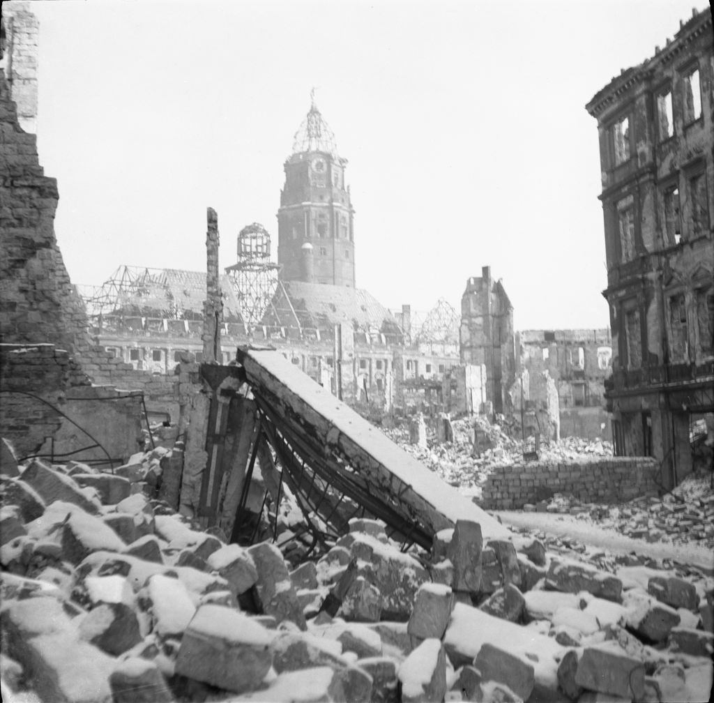View from South West to the ruins of the New City Hall in Dresden, 17 September 1945.