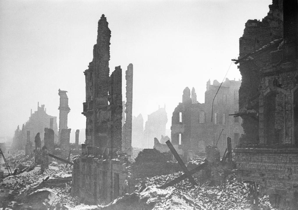 Masses of rubble surrounded by ruins in Dresden, 17 September 1945.