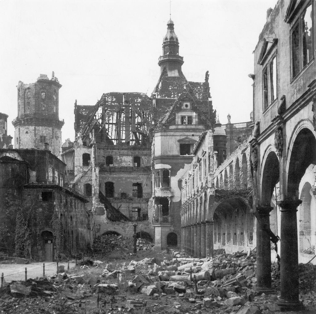 The ruin of the Stallhof (Stall Courtyard) at the Dresden Castle with the Hausmannsturm.