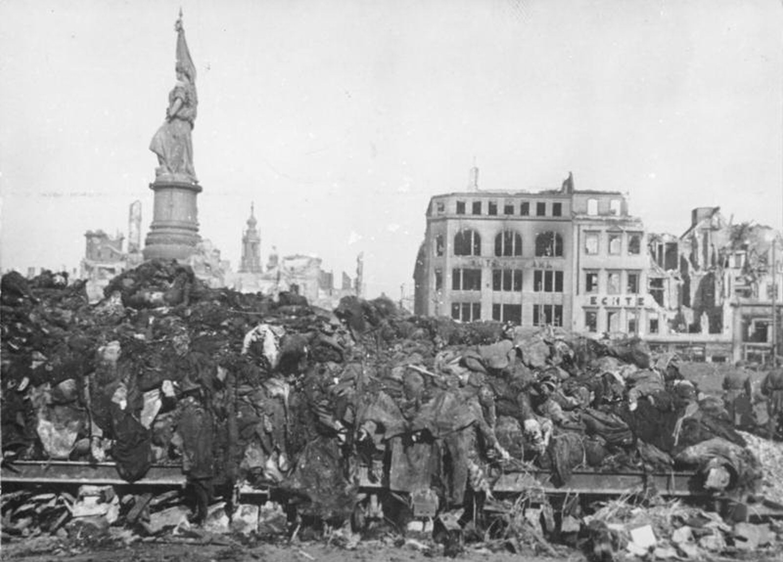 A pile of bodies awaits cremation after the firebombing of Dresden, February 1945.