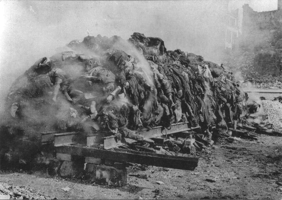 Bodies awaits cremation after the bombing, 1945.