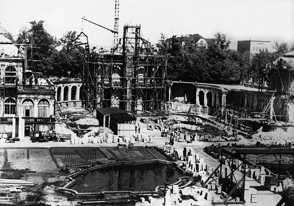 The zwinger palace in dresden after the start of renovations, 1953.