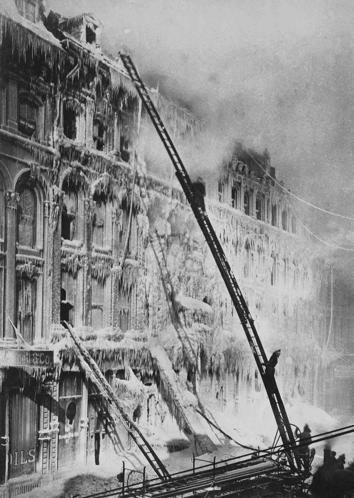 Firefighters battle a blaze in Montreal, 1889.