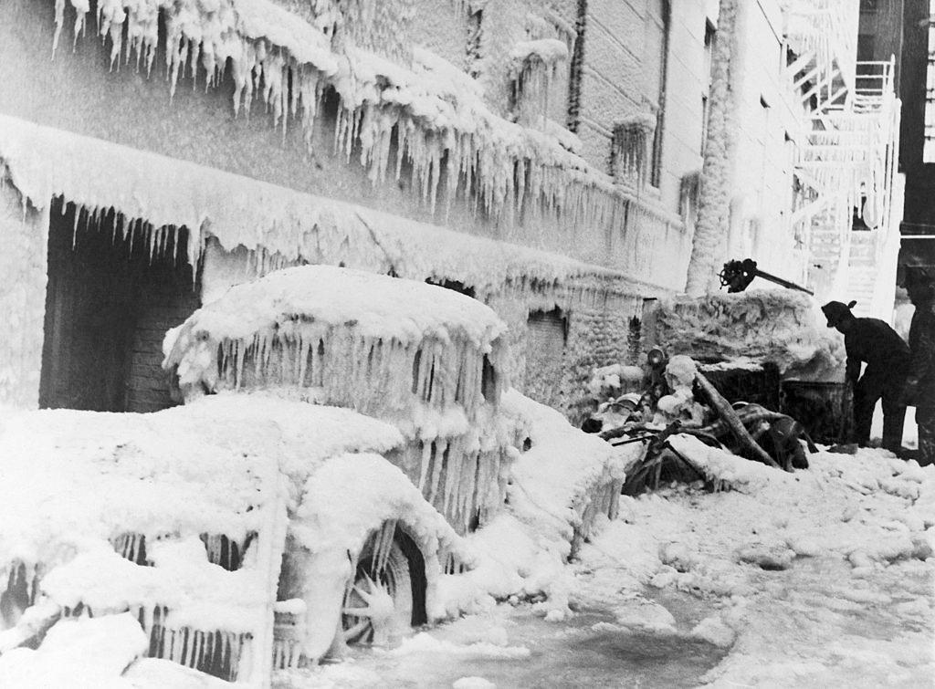 A firefighter's car covered in a thick layer of ice in Chicago, February 16, 1940.
