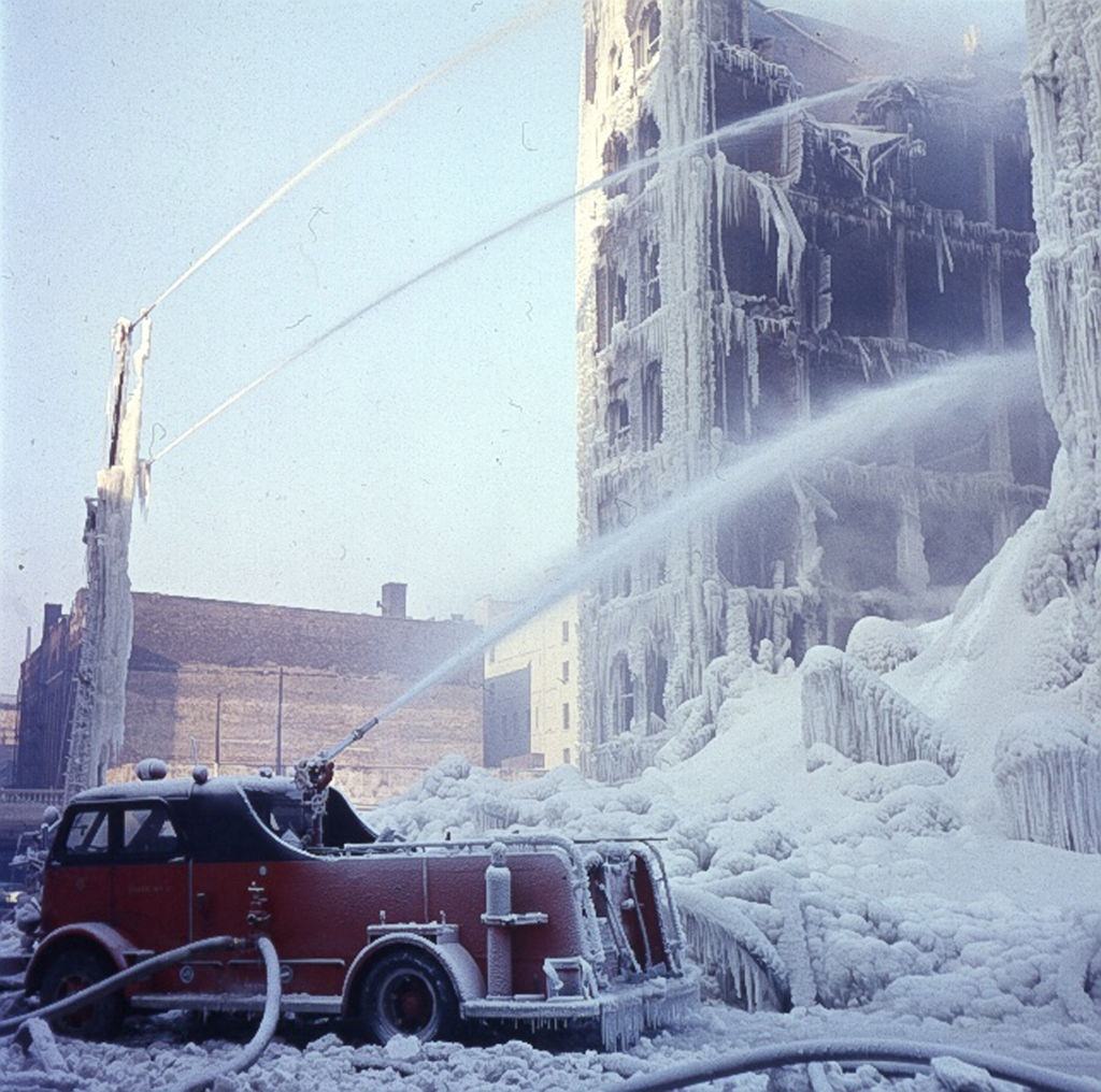 Fire during wintertime in Chicago, Illnois, 1958
