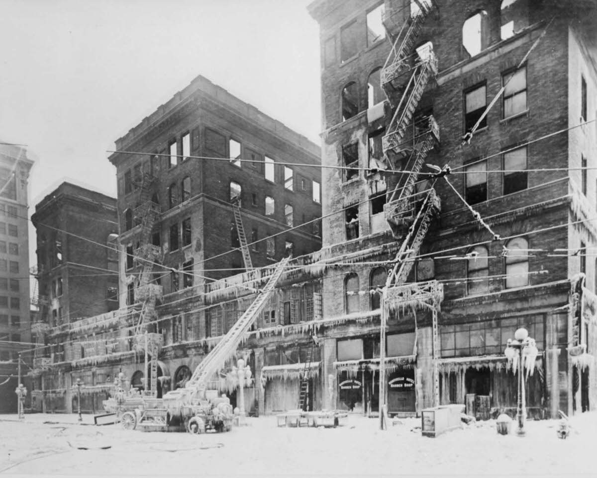 The burned and ice-encrusted remains of the Monticello Hotel in Norfolk, Virginia, 1918.