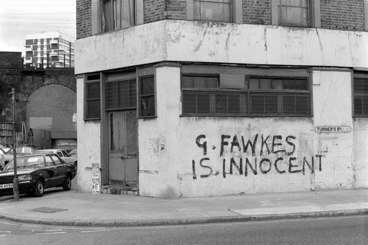‘G Fawkes Is Innocent’, Turners Rd, Limehouse, Tower Hamlets, London, 1988.