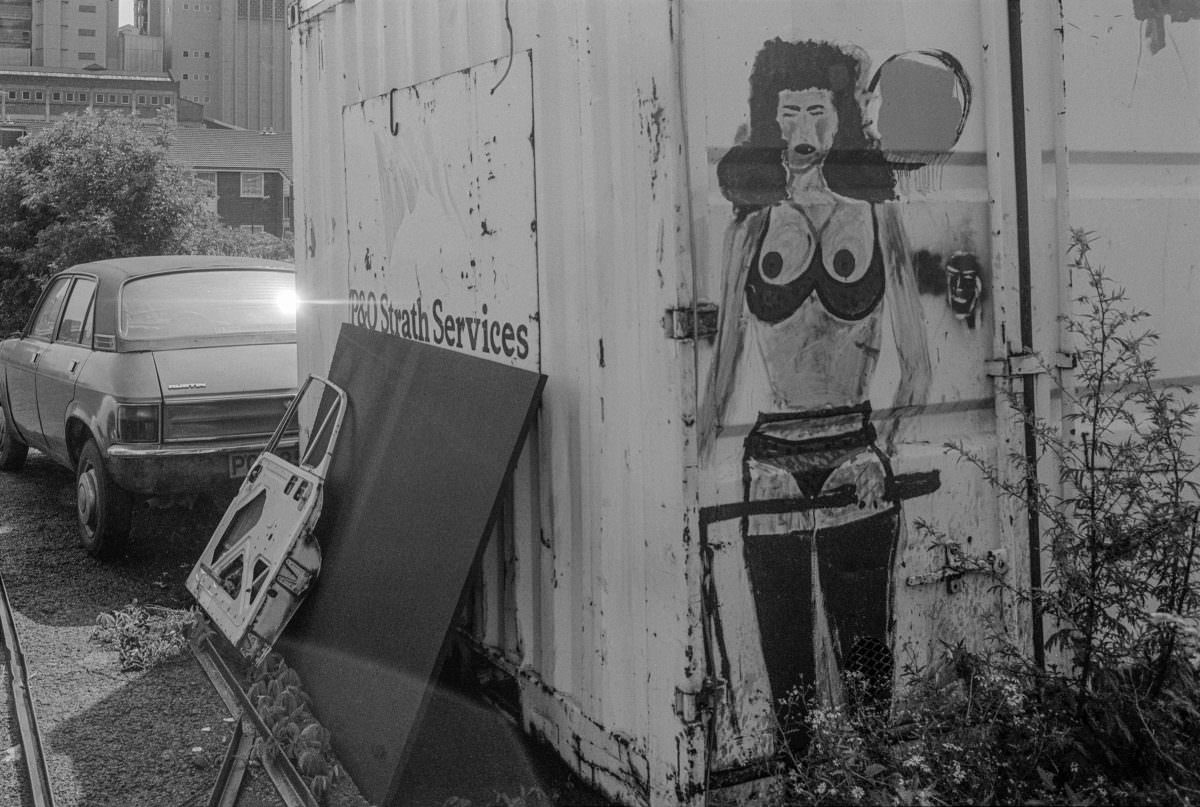 Graffiti on container, King George V Dock, Newham, 1984