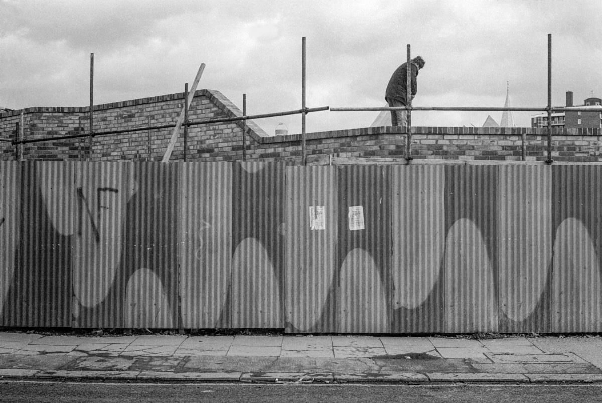 Fence with NF graffiti, Wandsworth, 1980