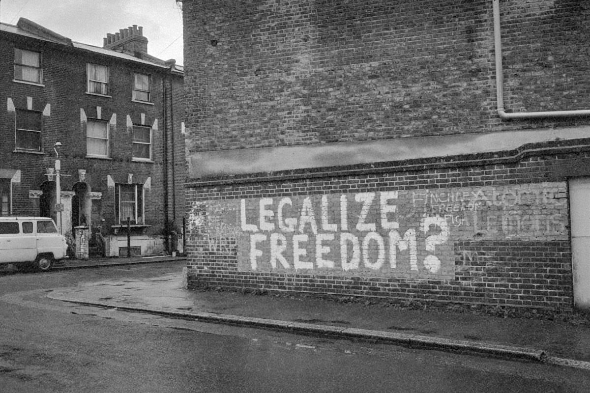 Legalise Freedom and Atomic Lemons graffiti, St Agnes’s Place, Vauxhall, Lambeth, 1984