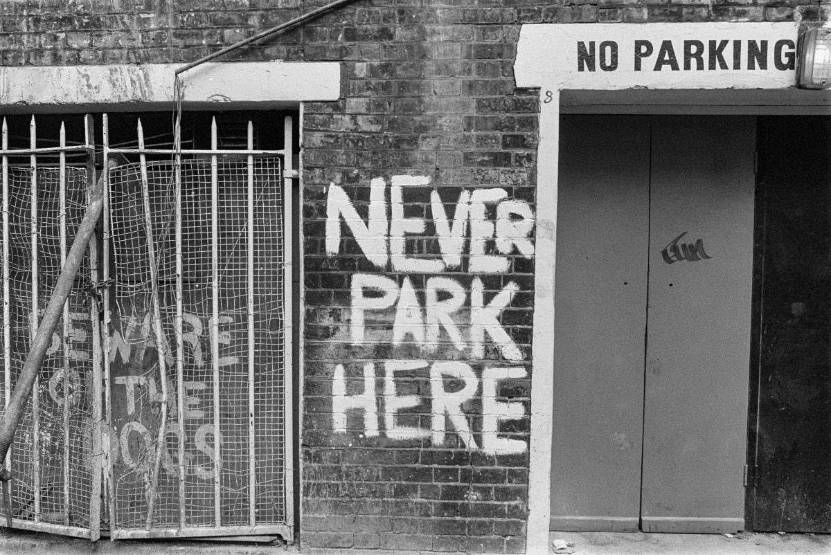 Never Park Here, Falconberg Mews, Soho, Westminster, 1987