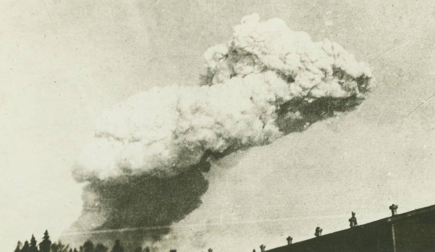 A massive smoke cloud ripples upward above the Halifax Explosion. December 6, 1917