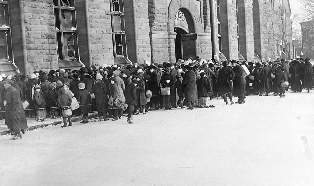 Large Crowd in Front of Building, 1917.