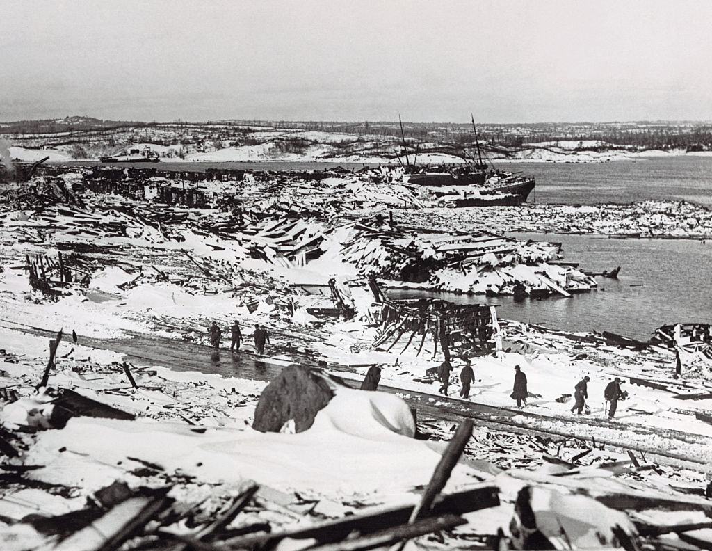 The aftermath of the collision between a Belgian relief vessel and a French munitions carrier in Halifax.
