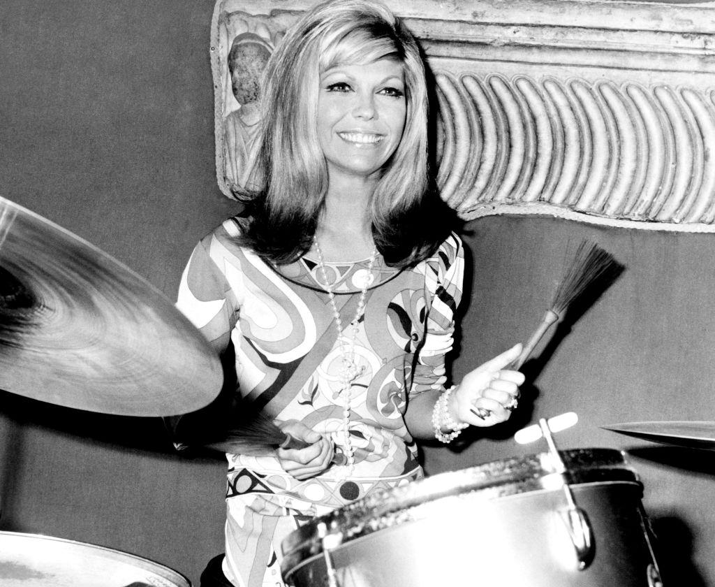 Nancy Sinatra playing the drums, 1966.
