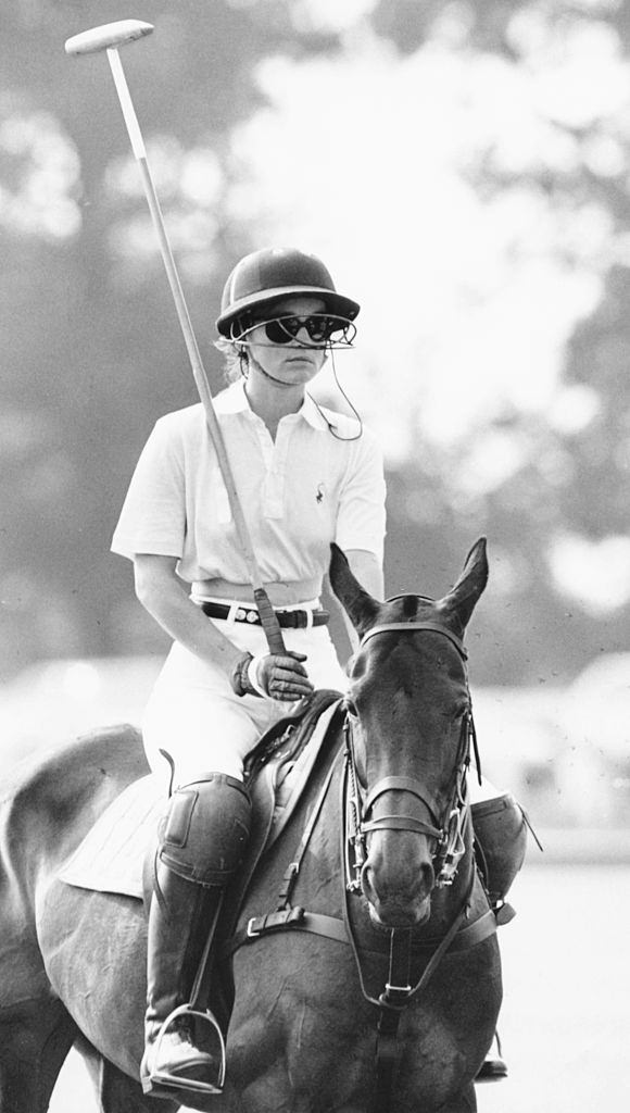 Pamela Sue Martin on horseback, taking part in a ladies polo match, 1986.