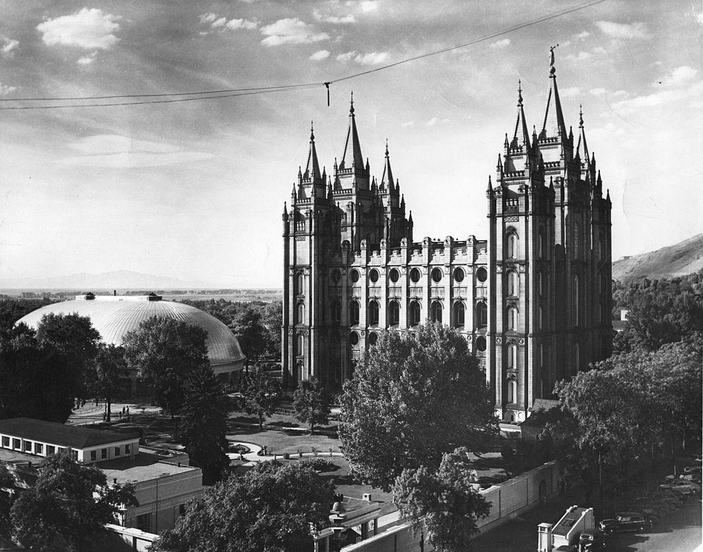 The Mormon temple (right) and tabernacle in Salt Lake City, 1949.