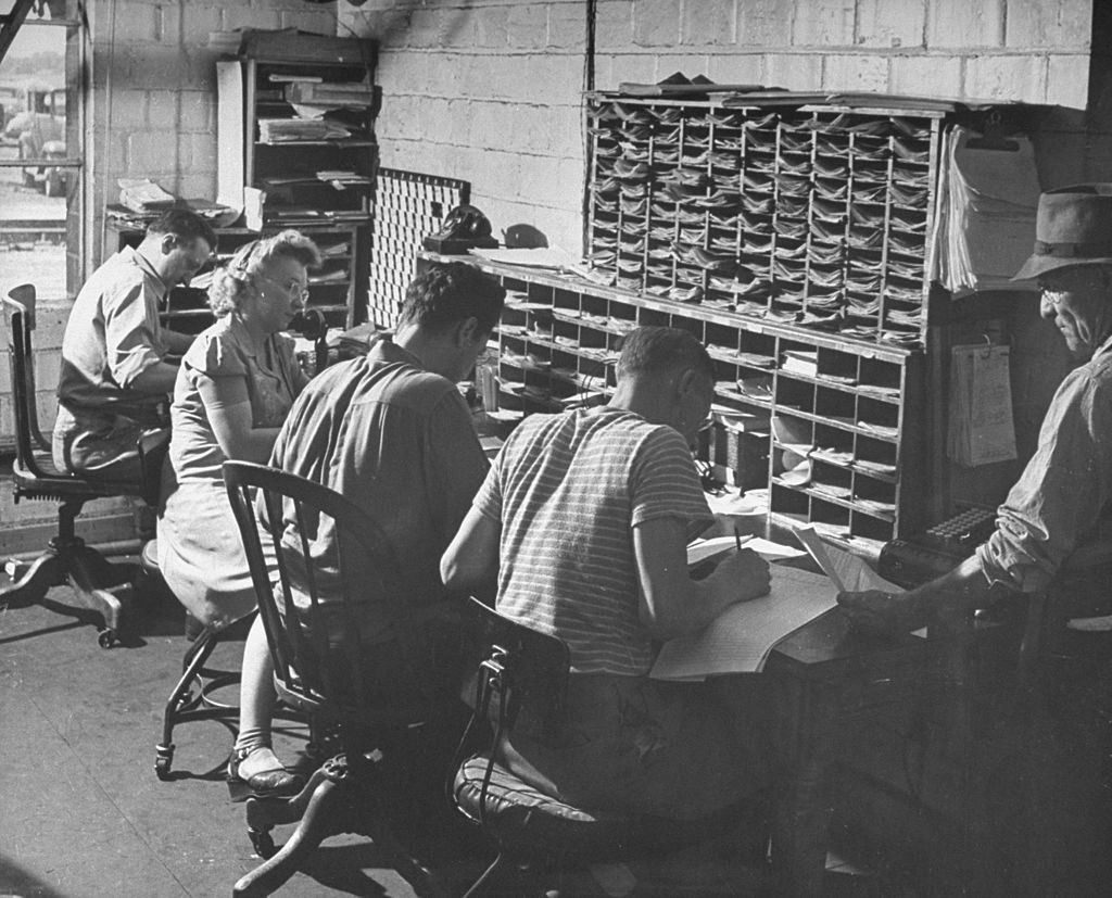 Employees working in a busy freight office in Salt Lake City, 1945.