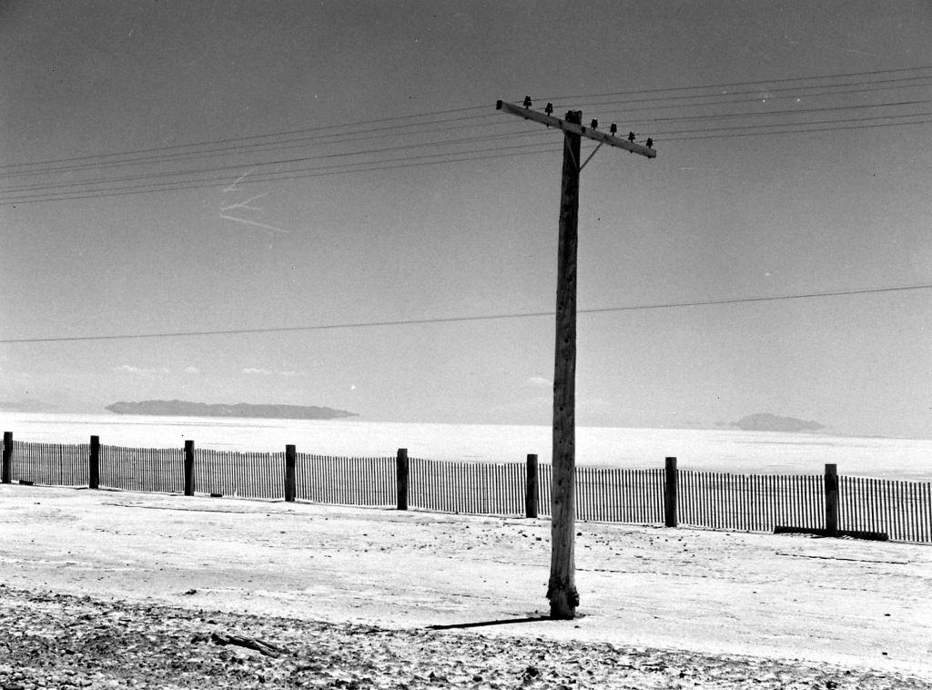 Pylon standing beside the Great Salt Lake, Salt Lake City, June 1948.