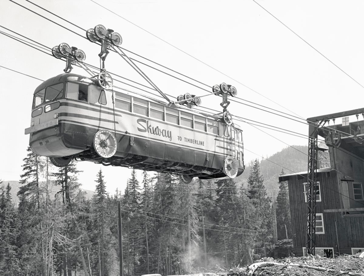 In January 1951, the Mt. Hood Skiway tram climbed for the first time from below Government Camp to Timberline Lodge.