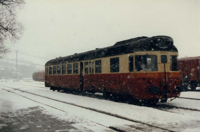ČSD railbus in snowstorm, somewhere near the border of the now Slovakia and Czech Republic, en route between Trenčin and Navy Jičin