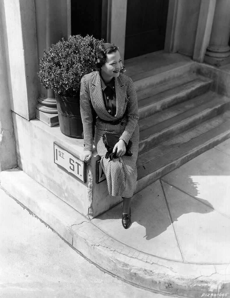 Sylvia Sidney on the steps of her dressing room on the Paramount studio lot, 1935.
