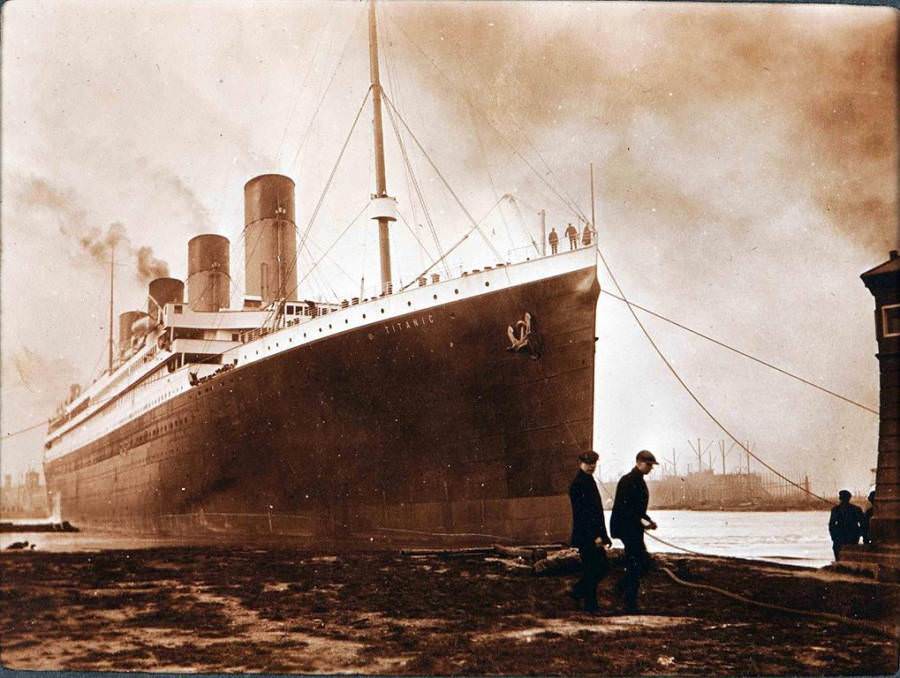 The Titanic sits near the dock at Belfast, Northern Ireland soon before starting its maiden voyage. Circa April 1912.