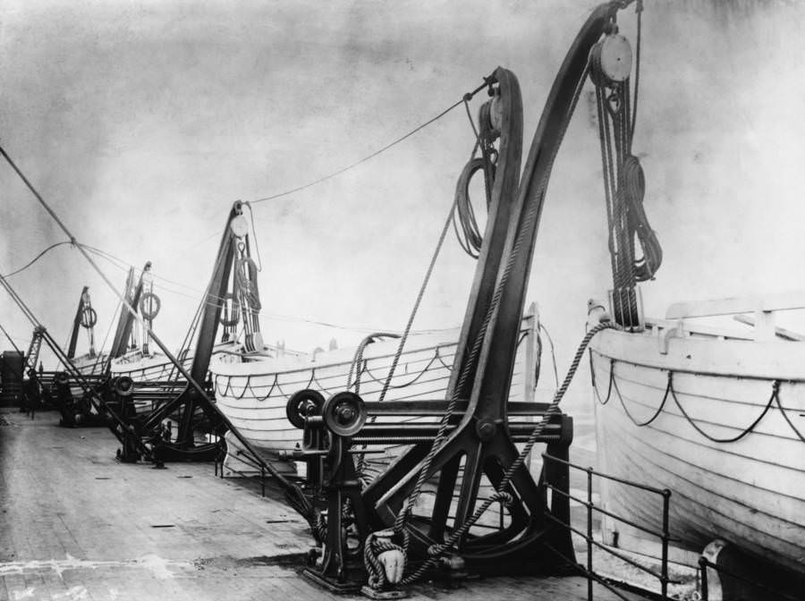 The lifeboats sit in their davits on the Titanic soon before the ship set off, April 1912.