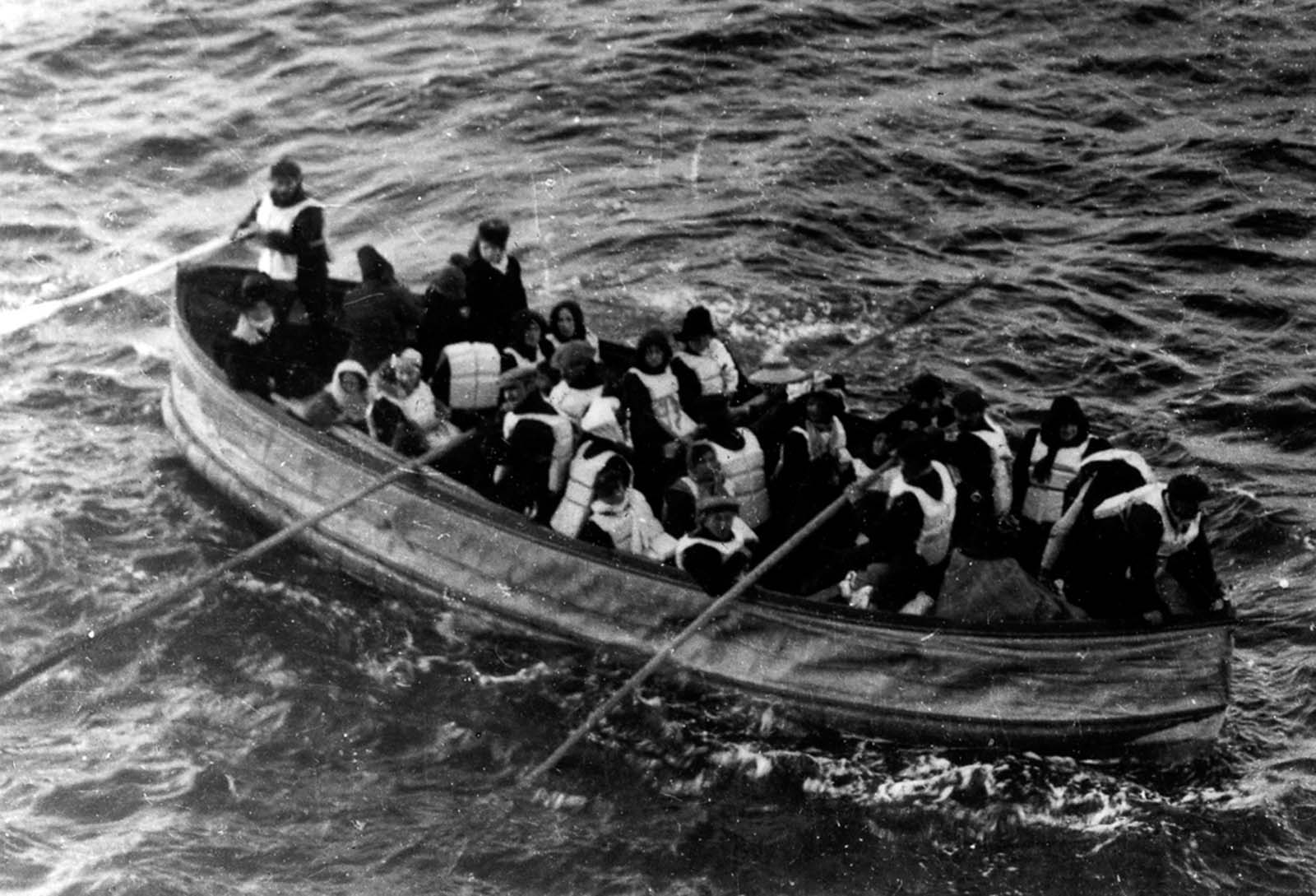 Titanic survivors in a lifeboat.