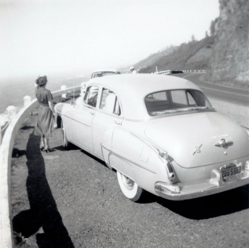 A lady in a 3/4 length skirt enjoying the view from a vista point on a panoramic road overlooking the ocean.