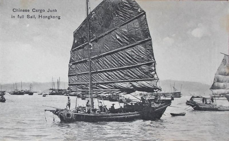 Chinese cargo junk in full sail, Hong Kong