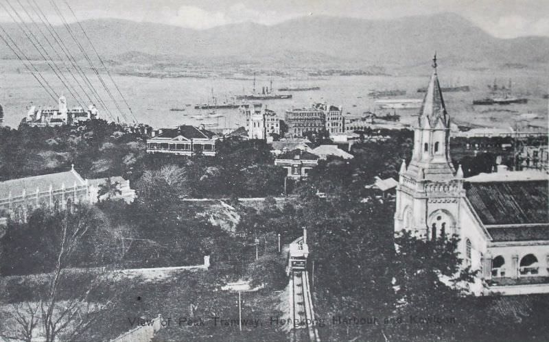 View of Peak Tramway, Hong Kong Harbour and Kowloon