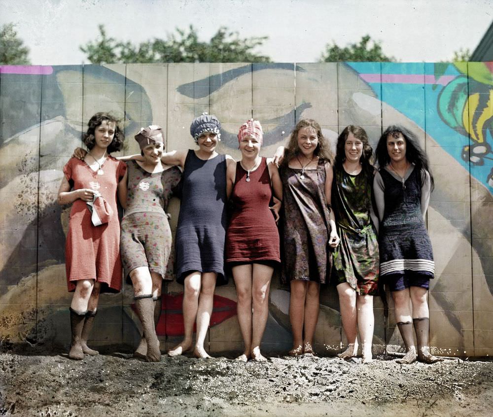 Young women posing in risque bathing suits that bare the legs and knees, Washington DC, May 29, 1920.