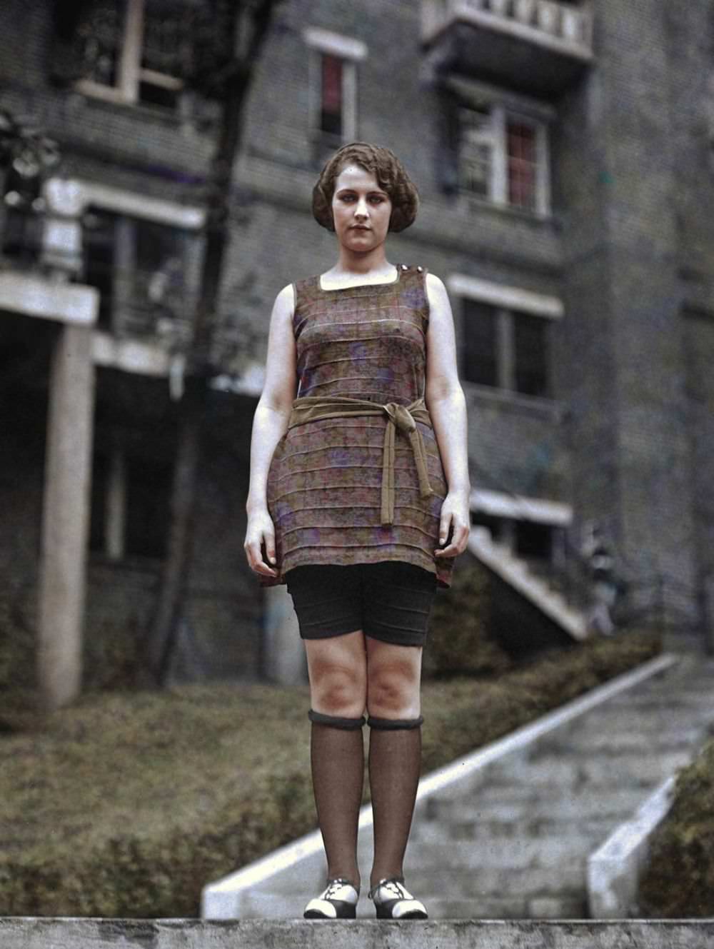 Miss Washington, Evelyn Lewis, standing proud in her modest bathing suit and knee-high stockings at the Wardman Park Hotel.