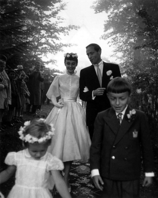 Audrey Hepburn and Mel Ferrer on their wedding day in Burgenstock, Switzerland, 1954