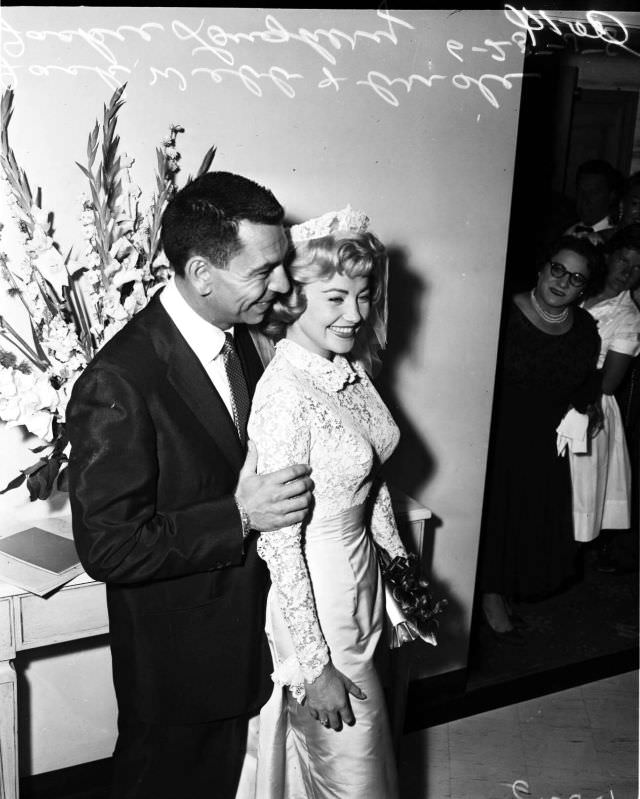 Jackie Loughery, winner of the first Miss USA pageant, married actor Jack Webb in Los Angeles, California, 1958